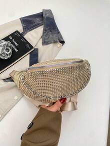 Women's Gold Rhinestone Decorated Waist Bag, Sparkling Crystal Crossbody Chest Bag, Party Style Luxury Silver Niche Versatile Handbag - Gold - View 3