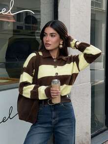 NOVELLE Women's Elegant Vintage Striped Lapel Knit Sweater, Three-Button Preppy Top For Autumn & Winter, Perfect For School, Commute & Shopping - Multicolor - View 2