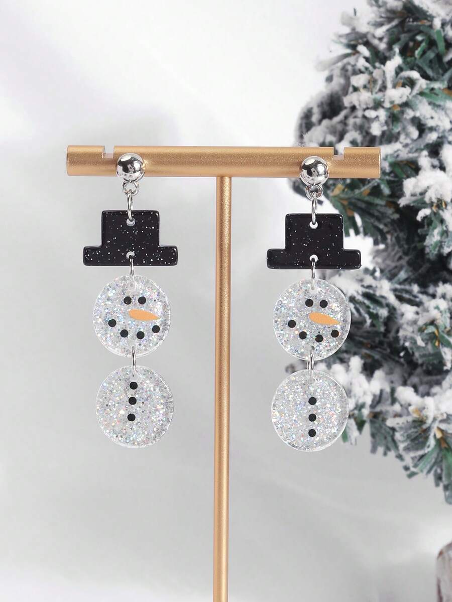 Christmas Glitter Snowman Acrylic Earrings, Cute Holiday Atmosphere Long Pendant Earrings - Multicolor - View 1