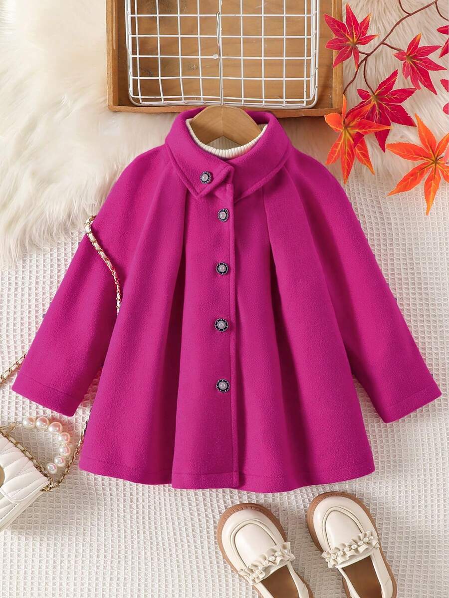 Young Girls Rose Red Overcoat, New Autumn/Winter Versatile Fashion Single-Breasted Pearl Button Open Front Lapel Raglan Sleeve Long Sleeve Knee-Length Outerwear - Hot Pink - View 1