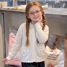 Girls Cardigan Sweater, Tween Girls Bow Decor Pointelle Knit Button Front Top, Long Sleeve Preppy School Outfit, Fall Winter - Apricot - View 5