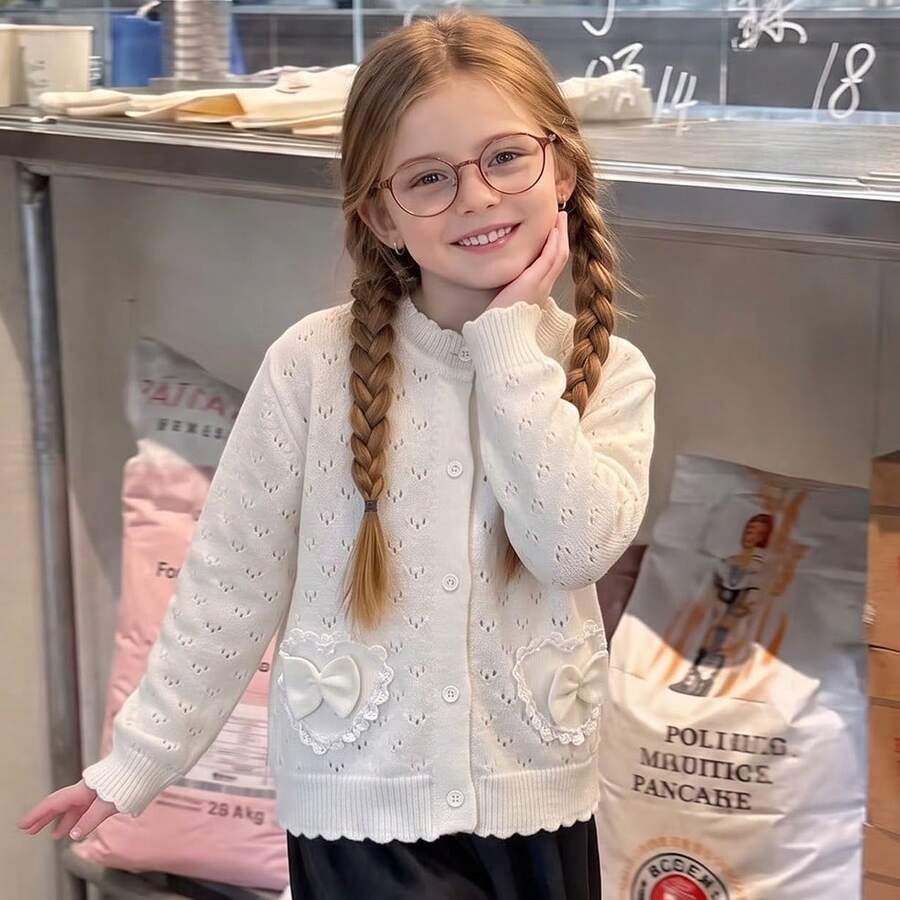 Girls Cardigan Sweater, Tween Girls Bow Decor Pointelle Knit Button Front Top, Long Sleeve Preppy School Outfit, Fall Winter - Apricot - View 1