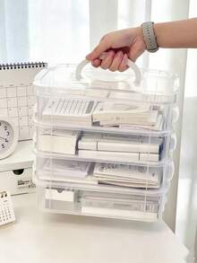 One 3/1-Layer Clear Plastic Storage Box With Snap Stackable Design And Portable Handle For Stationery, Cosmetics, Tools, Multi-Function Storage Box Set For Various Storage Scenarios - Multicolor - View 3