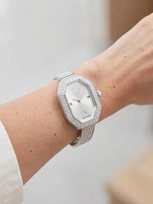 Swarovski 1 buah Jam Tangan Quartz Segi Delapan Warna Perak dengan Tali Paduan Seng Bertatahkan Berlian Imitasi Kaca, Jam Tangan Elegan untuk Wanita, Cocok untuk Pesta dan Penggunaan Sehari-hari - Putih - View 4