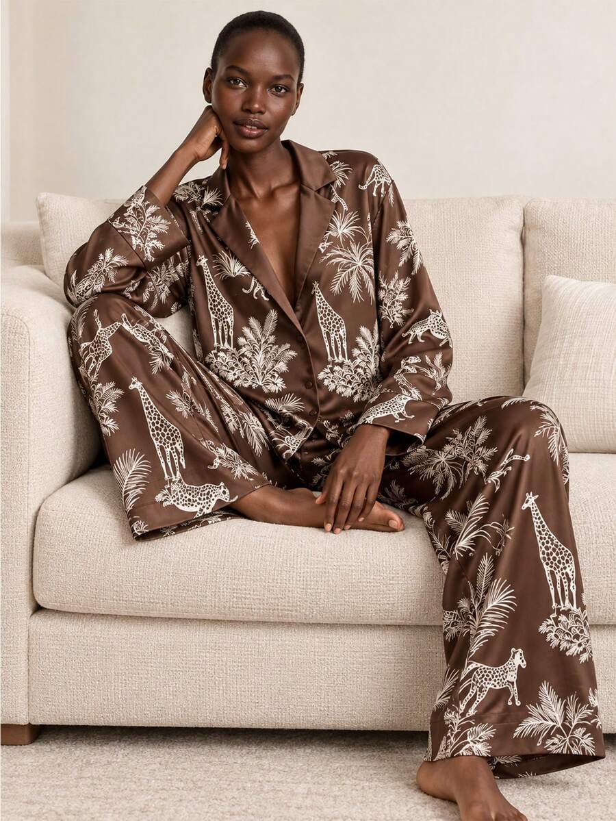 2pcs Premium Jungle Animal Print Pajama Set, Long Sleeve Deep V-Neck Collar + Slightly Wide Leg Pants, Casual Home Wear 2 Pieces Set - Coffee Brown - View 1