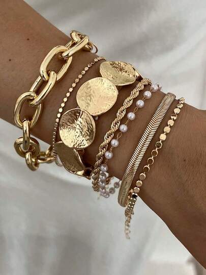7/6/1pc Vintage Elegant Old Money Style Hammered Texture Geometric Snake Bone Chain Twisted Thick Chain Faux Pearl Bracelet Set Suitable For Women's Daily Wear