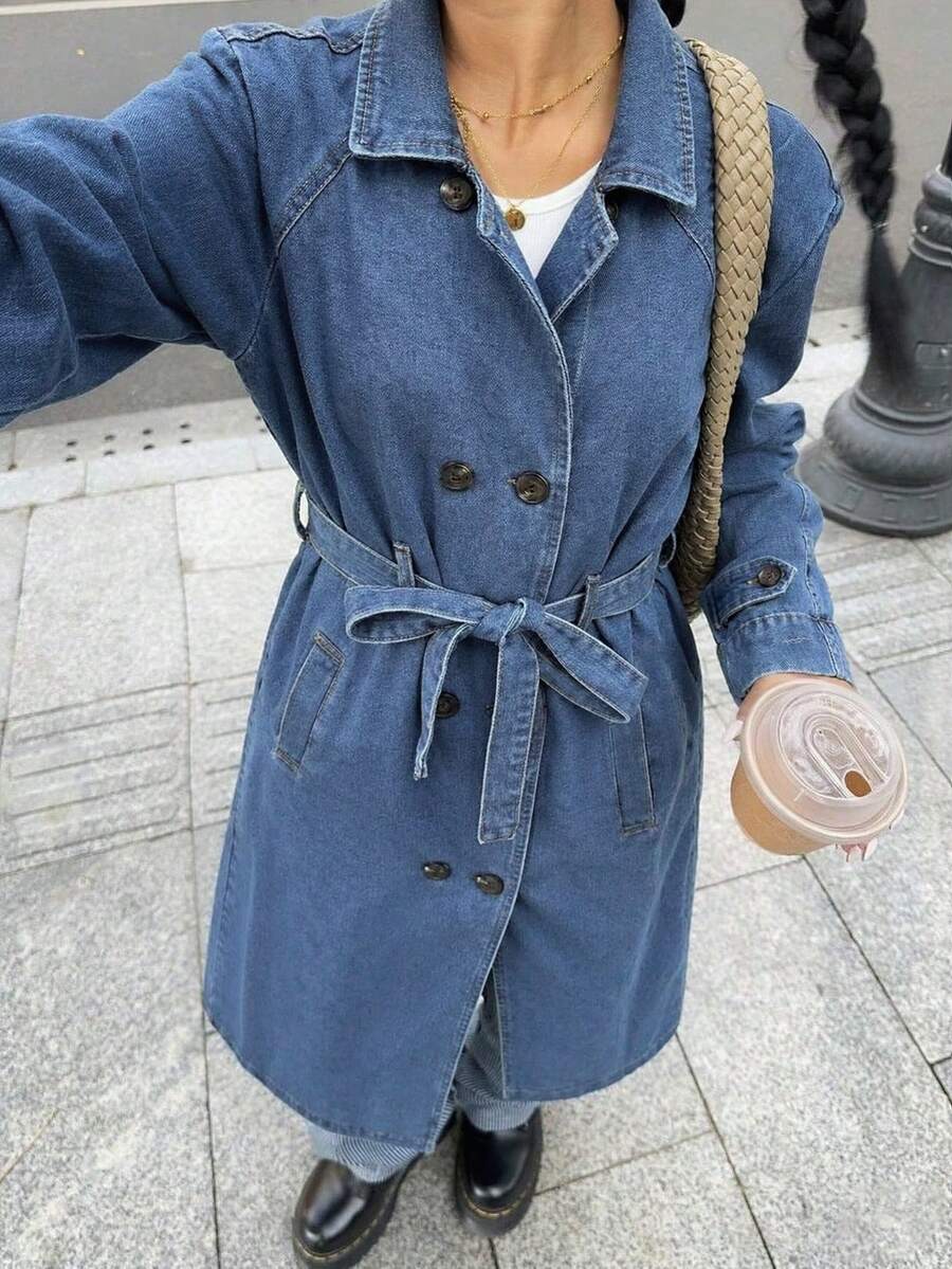 Women's Vintage Long Sleeve Denim Trench Coat Jacket With Belt, Lapel And Button Design - Medium Wash - View 1