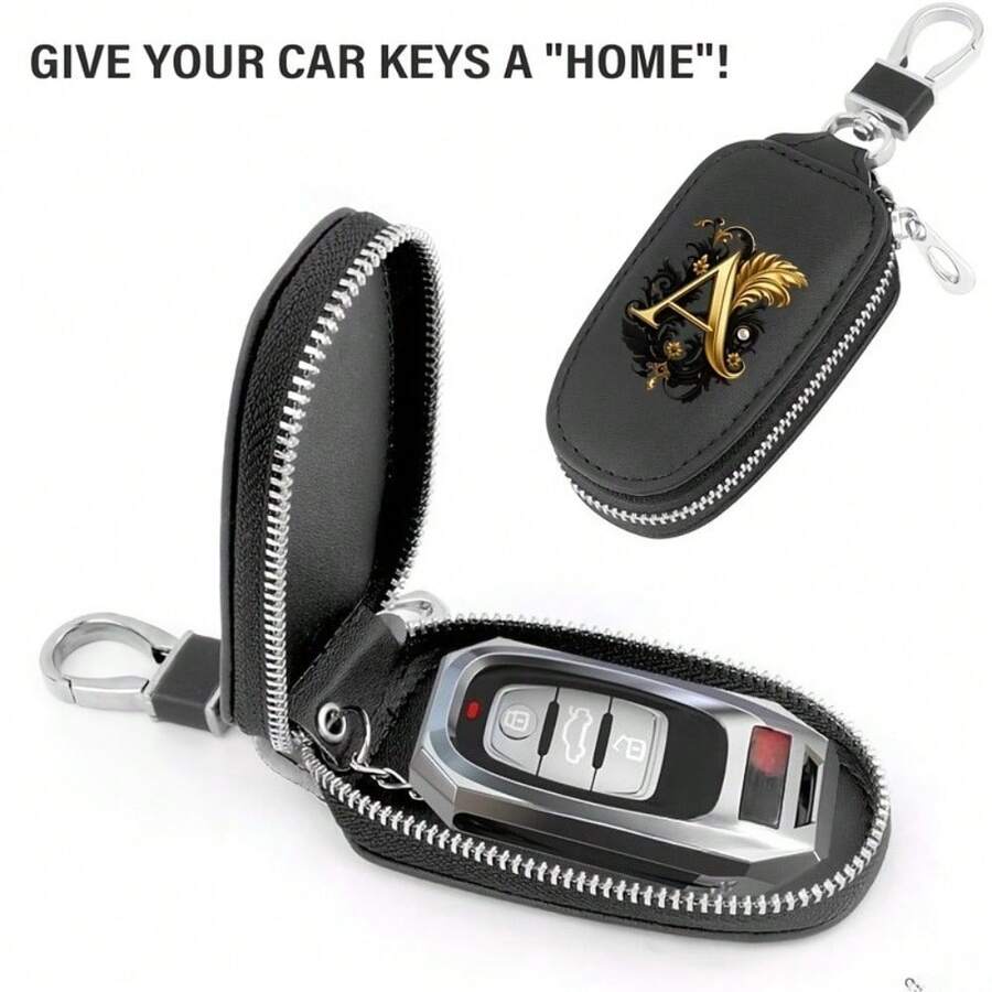 A-Z Letter Fashionable PU Black Car Keychain Protective Case With Zipper And Keychain, Car Keybox, Car Keychain, Men's Gift, Valentine's Day Gift, Per - Multicolor - View 1