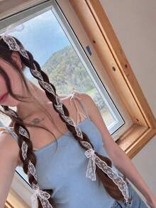 2PCS White Lace Hair Ribbon Wavy Braid Accessory Coquette Cottagecore Fairycore Hair Tie For Women Girls Fall Party Gift - White - View 4