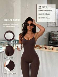 Sexy Hot Girl Style Spaghetti Strap Fitted Fashion Solid Color Long Jumpsuit Summer Brown - Brown - View 1