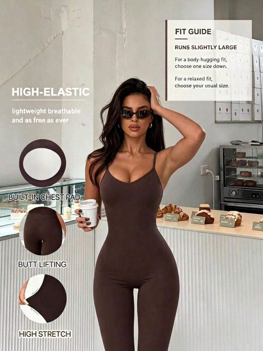 Sexy Hot Girl Style Spaghetti Strap Fitted Fashion Solid Color Long Jumpsuit Summer Brown - Brown - View 1