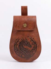 Medieval Dragon Embossed PU Leather Waist Bag, Vintage Snap Button Belt Pouch, Halloween Renaissance Cosplay & Live Action Roleplay Costume Accessory - A - View 3
