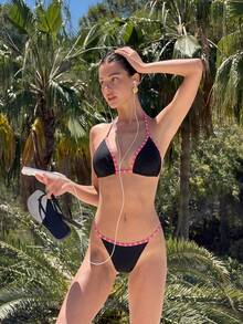 女款時尚優雅黑色泳衣套裝，適合夏季，完美適配春夏海灘度假、海邊活動與度假穿搭 - 黑色 - 查看 2