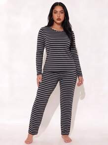 Spring/Autumn New Black & Grey Striped Women's Long Sleeve Pajama Set 2pcs, Fashionable Versatile Long Sleeve & Long Pants Loungewear - Multicolor - View 6