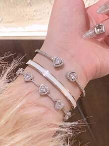 3件組女款優雅奢華全鋯石愛心手鍊套組，不鏽鋼星空金鍍手鍊，不褪色防水日常配戴秋季女飾 - 手鐲三件套 - 查看 12