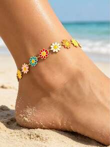 1pc Creative Fashion Oil Drop Alloy Flower Necklace Anklet, Simple Versatile Design Metal Chain Jewelry - Multicolor - View 1
