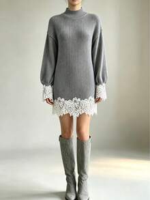 Chic Ribbed Knit Mini Sweater Dress For Women, Featuring Beautiful Lace Accents, Ideal For Autumn And Winter Fashion - Grey - View 4