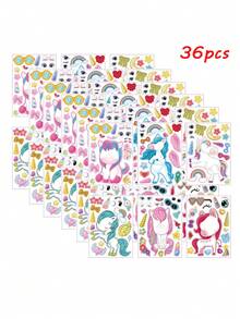 12/24/36pcs Make A Face Stickers For Kids, 6 Different Unicorn Designs Stickers For Kids Birthday Party Favors - Multicolor - View 6