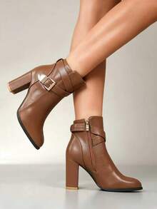 Women's Brown Ankle Boots With Criss-Cross Straps, Metal Square Buckle Decor, Side Zipper For Easy On/Off, Chunky Heel - Brown - View 5