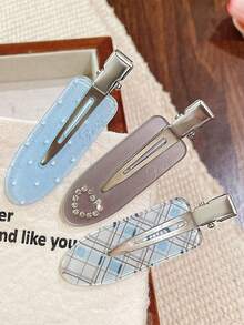 6/3pcs Cute Sweet Style Blue Seamless Alligator Hair Clips Gentle Girly Floral Polka Dot Side Bang Clips Rhinestone Bow Hair Clips For Women, - Multicolor - View 3