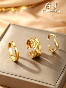 3pcs European & American Vintage Asymmetrical Pleated Wide Band Rings Set, Fashionable Luxury High-End Gold Open Rings, Suitable For Women's Daily, Holiday, Commute Wear - 3-piece Ring Set - View 1