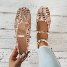 Hollow Woven Mesh Breathable Square Toe Mary Jane Flat One-Strap Retro Loafers - Champagne - View 12