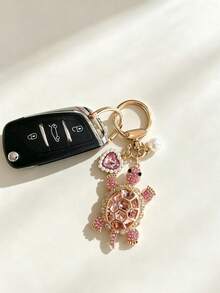 Full Rhinestone Cute Artificial Crystal Turtle Car Key Chain Creative Heart-Shaped Faux Pearl Car Key Ring Pendant Key Accessory Car Key Home Key Ring Decorative Pendant - A - View 1