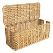 Desktop Cable Management Box - Hand-Woven Faux Rattan Wood Hidden Device Cover - With Pull Ring, Prevents Pull-Out, Safer - Socket-Style Power Cord Socket Box - Data Cable Divider, Also For Aesthetic Item Storage - 31*12*13 Cable Management Box - View 3