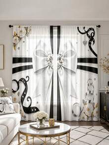 2Pcs Simple European Luxury Bow Camellia Wavy Print Pattern, Semi-Sheer Rod Pocket Curtains, Suitable For Living Room And Bedroom, Rod Not Included, Machine Washable - Black and White - View 10