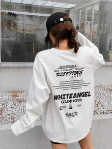 Women's Fashion Autumn/Winter Loose Round Neck Casual Versatile Letter Print Long Sleeve T-Shirt - White - View 5