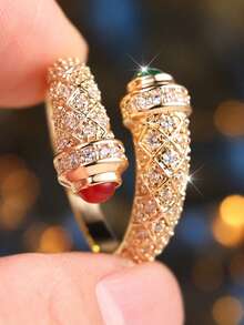 Open Snake Ring, Inlaid With Red & Green Domed Gemstones, Pave Set Vintage Exotic Style Party Finger Ring - Open Ring - View 2