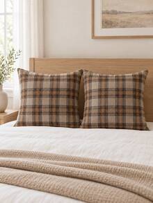 shangxia 2PCS--Earth Brown Coffee Plaid Pattern Throw Pillow Covers, American Vintage Autumn Plaid Print Cushion Covers, Pillow Insert Not Included - Multicolor - View 9