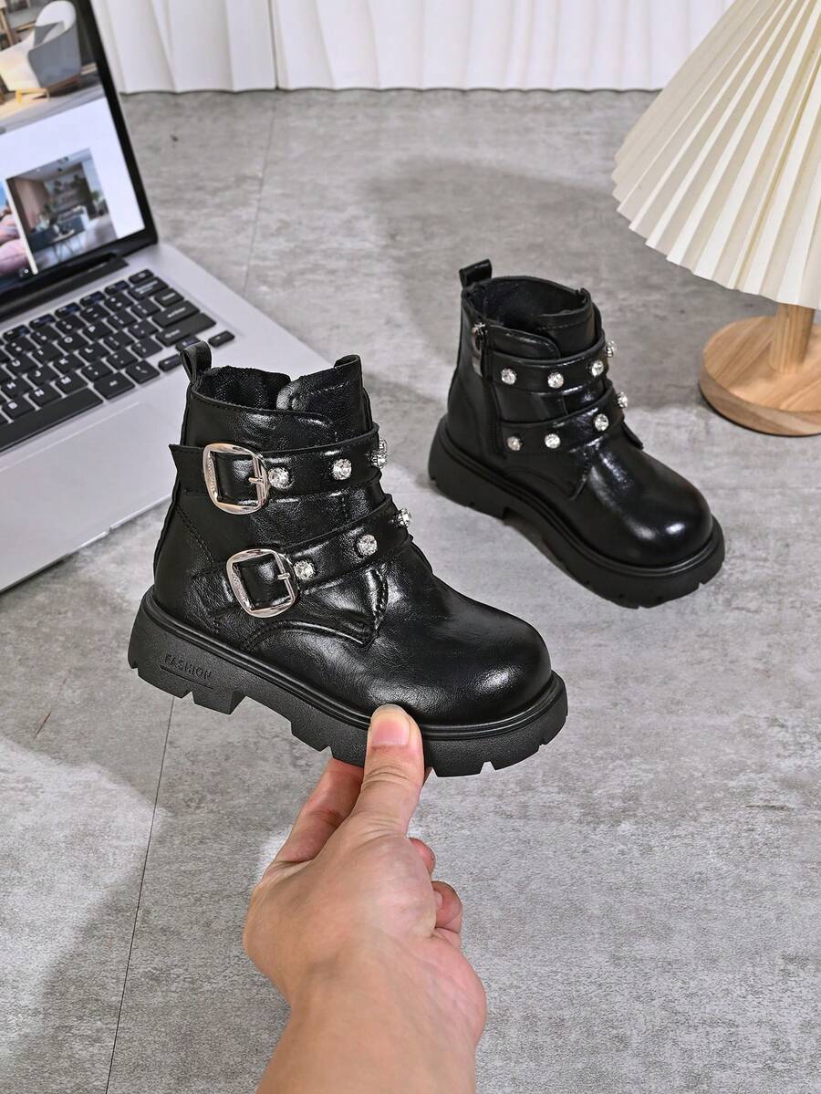 Girls' Brown Glossy Rhinestone Buckle Ankle Boots With Side Zipper, Thick Sole, Anti-Slip, British Style, Autumn/Winter Boots - Black - View 1