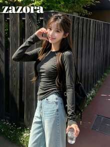 Korean Style Slim Fit Elastic Slimming Long Sleeve Inner Layer/Standalone T-Shirt For Women, Early Autumn - Grey - View 10