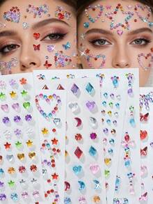 Approx. 600pcs Rainbow 3D Glitter Gem Stickers, 6 Sheets Sequin Heart & Star Stickers, Self-Adhesive Rhinestone Diamond Shape Design, Suitable For Makeup And Clothing, Multi-Color Diamond Face Gems, Perfect For Valentine's Day, Holidays, Parties And Events - Multicolor - View 1