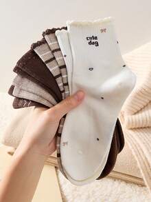5 Pairs Women's Ankle Socks, Dark Brown & White Striped Mid-Calf Socks, Suitable For Home Use - Multicolor - View 5