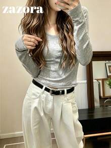 Korean Style Rolled Edge U-Neck Versatile Long Sleeve Knit Base Layer Top Women Innerwear T-Shirt - Grey - View 7