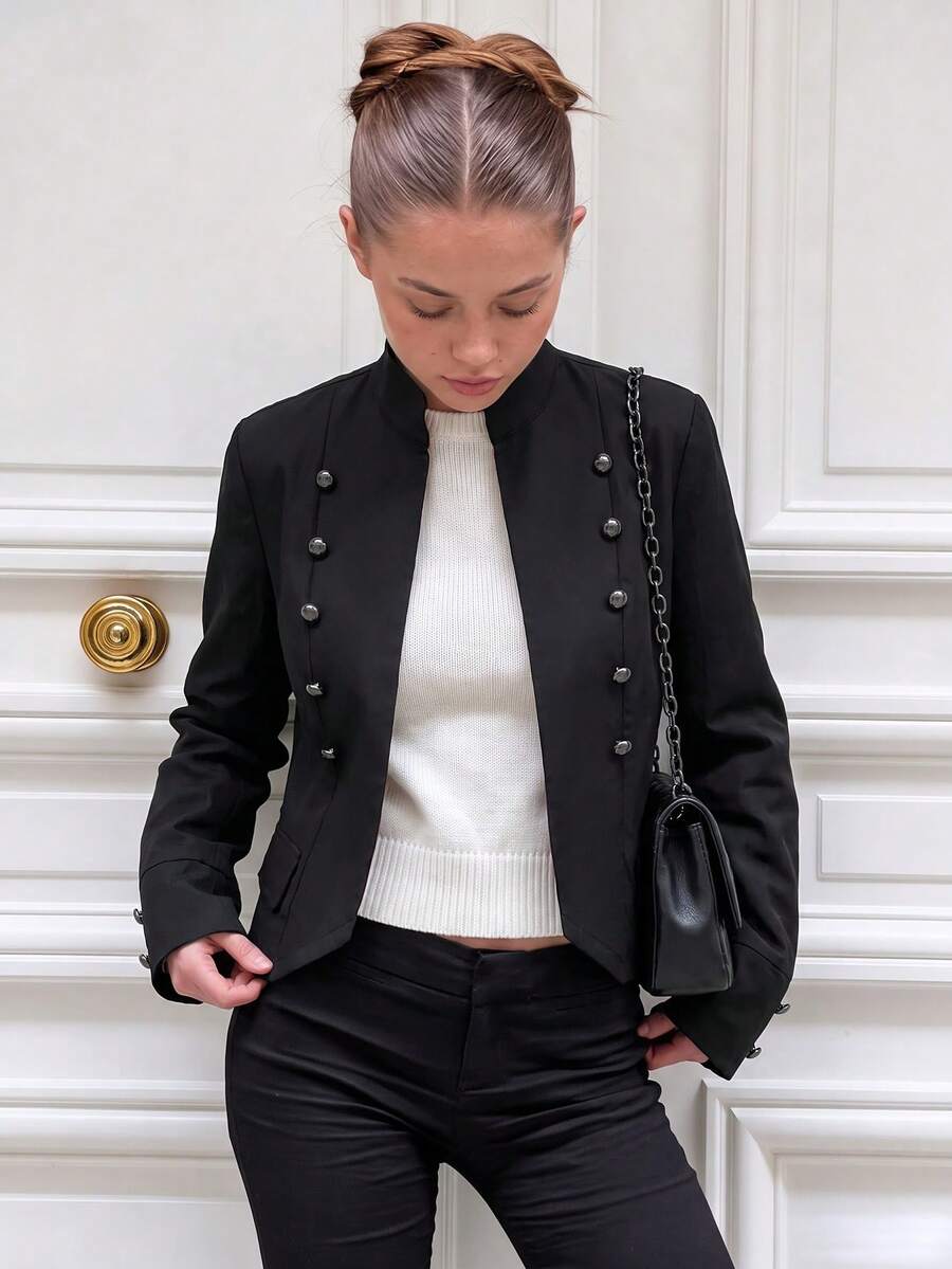 Women's Black Napoleon Jacket, Autumn Office Wear - Black - View 1