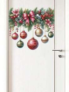 1pc Classic Christmas Door Sticker Bow Christmas Ball Wall Decal Self-Adhesive Living Room Sticker Bedroom Sticker Home Decor Room Decor Bedroom Decor Kitchen Decor Wall Sticker - Red - View 2