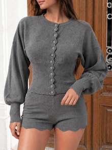 Teen Girl Fashion Casual Versatile Cardigan & Knit Shorts Set - Dark Grey - View 5