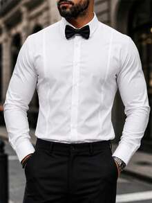 Camisa de hombre negra de invierno básica casual de negocios para oficina con cuello alto, unicolor, botones y manga larga, camisa formal estilo - Lila Púrpura - Ver 10