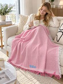 1pc Customized Name Embroidered Pink Tone Knitted Throw Blanket, Decorative Wearable Coverlet With Tassel Trim, Personalized Embroidery Details, 3 Sizes Available, Holiday Gift, Suitable For Sofa, Bed And Home Indoor Leisure Scenes - Multicolor - View 3