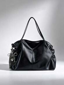 Tote Bag Large Capacity Soft Litchi Textured Body, Paired With Adjustable Wide Strap, Featuring Heart-Shaped Charm And Bow Chain Decoration. Spacious Interior Can Hold Books, Laptop And Other Personal Items, Relaxed Minimalist Design Suitable For Commuting And Travel, Effortlessly Enhancing Overall Outfit Style. - Black - View 4