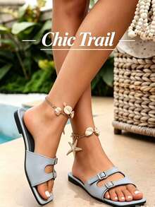 Solid Color Slip-On Square Toe Flat Sandals, Suitable For Home, Beach, Office, Casual Walking, Fashion Comfortable Sandals - Blue - View 1