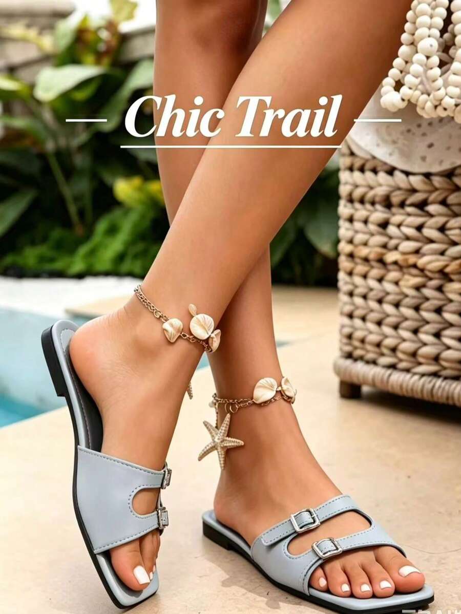 Solid Color Slip-On Square Toe Flat Sandals, Suitable For Home, Beach, Office, Casual Walking, Fashion Comfortable Sandals - Blue - View 1