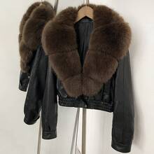 OFTBUY Women's Faux Leather Short Jacket, Oversized Faux Fur Collar, Zipper Closure, Elastic Hem, Long Sleeve Motorcycle Style Outerwear, Autumn/Winter - Black Coffee - View 3