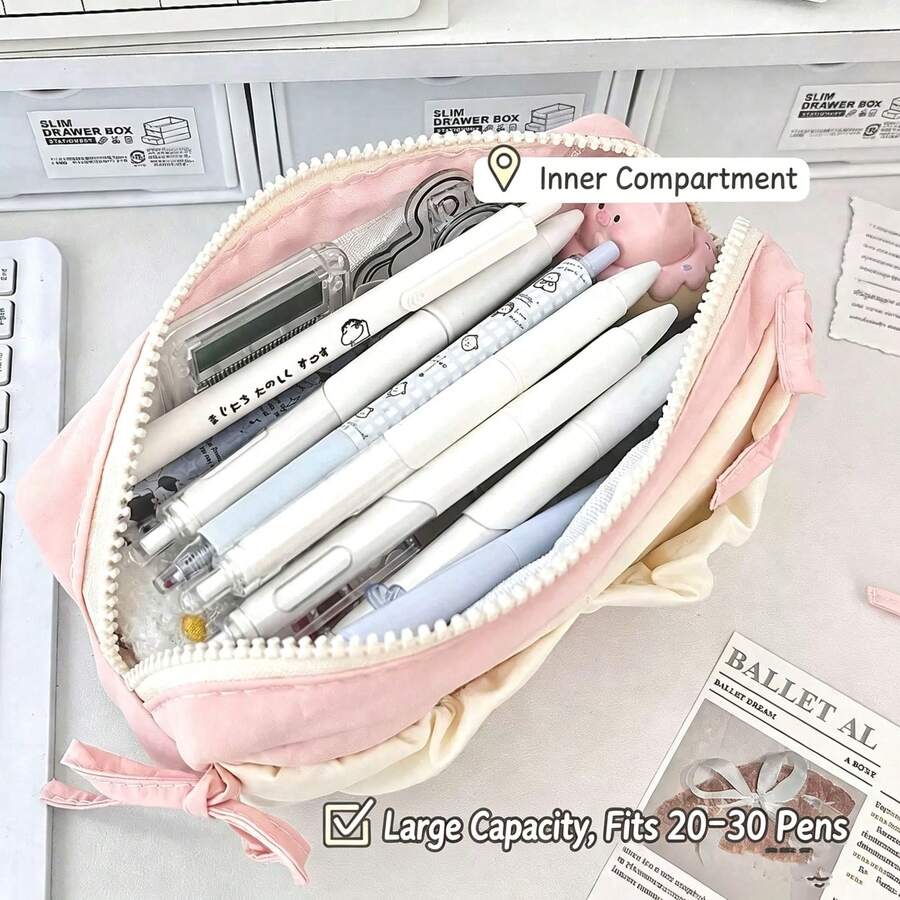 1pc Minimalist Japanese Style Solid Color Student Pencil Case, Large Capacity Fabric Desktop Stationery Storage Box, Fresh Artistic Learning Daily Stationery Bag, Can Store Calculator, Notebook And Pens - Suitable For School, Office And Travel Use - Suitable For Students, Professionals, Unisex, Multi-Functional Storage Box, Zipper Closure, Pencil Case, Makeup Bag. - Pencil Case - View 1