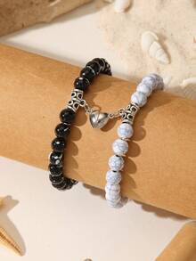 2pcs Couple Magnetic Heart Beaded Bracelet Set, Fashion Simple Friendship Bracelets For Men Women, Valentine Lover Gift Jewelry - Multicolor - View 2