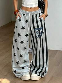 Grey Star Stripe Wide Leg Sweatpants For Women, High Waist Loose Drawstring Joggers, Street Style Casual Long Pants - Grey - View 1