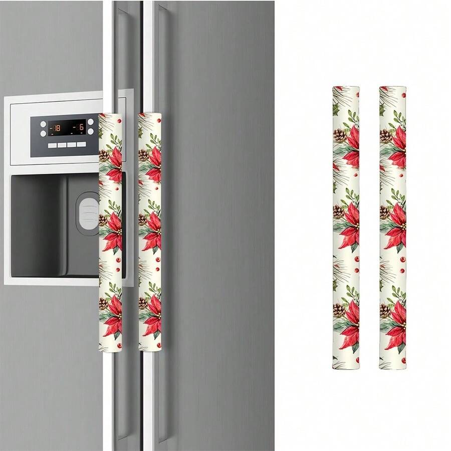 2pcs/Set Refrigerator Handle Covers Christmas Floral Bird Print Polyester Hotel Door Handle Covers Non-Slip Pull Handle Protective Covers Detachable And Reusable - Multicolor - View 1